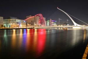 city skyline during night time